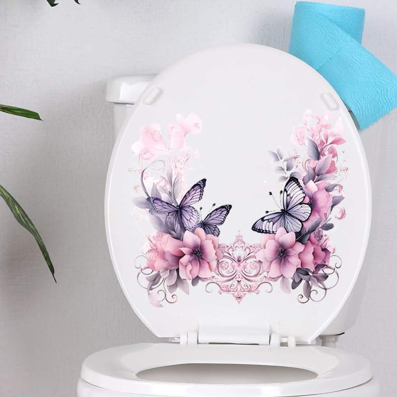 Retro Butterfly Flower Toilet Cover Sticker Decals,Fish Bird Flower Leaf Waterproof Toilet Lid Tank Seat Decals Cistern Self-Adhesive Bathroom Wall Sticker