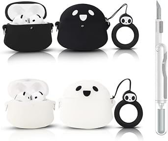 2Pack+Cleaner Pen XMBYGY Case for Apple AirPods 4th Generation Earbuds with Cleaning Pen Kit, Silicone Cute Charging Case Shockproof Protective Cover and Carabiner for AirPods 4 GTBK+WT