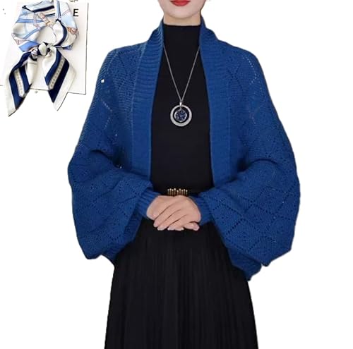 Fashion Hollow out Knitted Shawl Coat, Women's Knitted Slouchy Wrap Cardigan Shawl Coat, Lightweight Slouchy Knit Cover-Up (Blue)