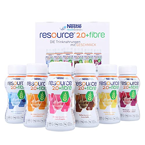 resource® 2.0+fibre ist eine hochkalorische Trinknahrung mit hochwertigem Milcheiweiß und löslichen Ballaststoffen | Glutenfrei & Lactosearm | Probe-Set, 6 Sorten mit je 200 ml