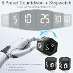 Rotating Pomodoro Timer 5, 25, 10 30,60 Mins Preset Stopwatch, Desk Flip ProductivityTimer, ADHD Tool Hexagon, Vibration/Mute/Alarm, for Work, Study, Back to School, Kitchen, Black - Image 2