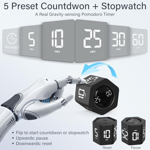 Image of Rotating Pomodoro Timer 5, 25, 10 30,60 Mins Preset Stopwatch, Desk Flip ProductivityTimer, ADHD Tool Hexagon, Vibration /Mute /Alarm, for Work, Study, Back to School, Kitchen, Black