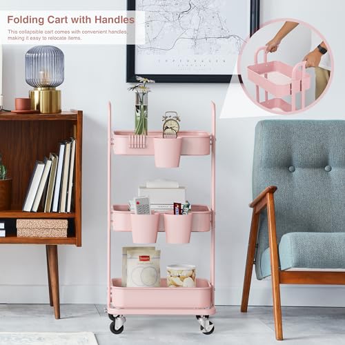 Image of DTK 3 Tier Foldable Rolling Cart, Metal Utility Cart with Lockable Wheels, Folding Storage Trolley for Living Room, Kitchen, Bathroom, Bedroom and Office, Pink