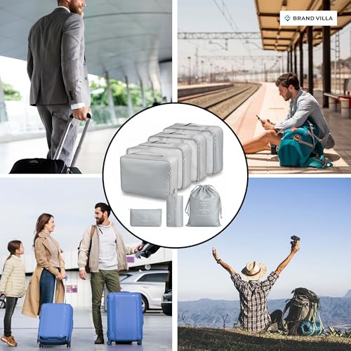 Image of BRAND VILLA 7 Pcs Travel Organizer Set Packing Cubes Luggage Organizer Bags with Shoe Bag, Laundry Pouch & Toiletry Bag for Clothes, Shoes, Accessories, Lightweight Travel Storage for Suitcase (Grey)