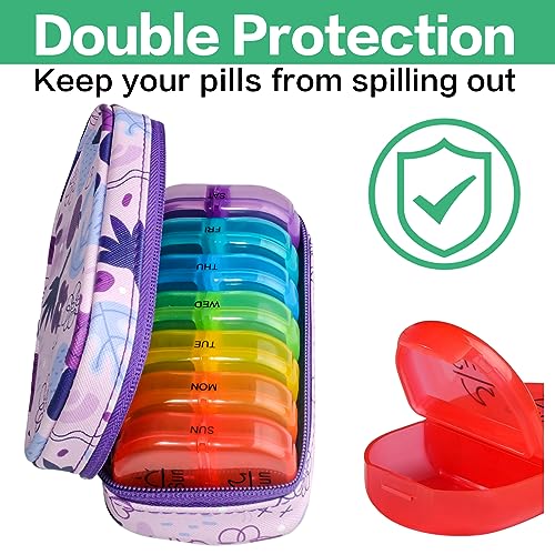 Image of Serfeymi Weekly Travel Pill Organizer 2 Times A Day AM PM Upgraded Rainbow Pill Box 7 Day with Portable Zipper PU Leather Pill Case, Medicine Organizer for Pills, Vitamins, Fish Oils - Purple 02