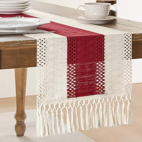 Image of ZeeMart Macrame Style Bicolor Stitching Table Runner, 14 x 36 Inch Red /Ivory, Boho Table Runners 36 Inches Long, Farmhouse Woven Home Decor