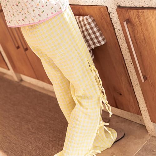 NUFIWI Women Y2k Gingham Pants High Waist Side Tie Up Hollow Out Pants Casual Relax Fit Wide Leg Lounge Pants2