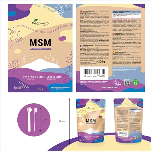 Vegavero MSM Pulver hochdosiert 300g – Nachfüllbeutel fein kristallines Methylsulfonylmethan Pulver - reiner organischer Schwefel - ohne Zusatzstoffe - Laborgeprüft & vegan