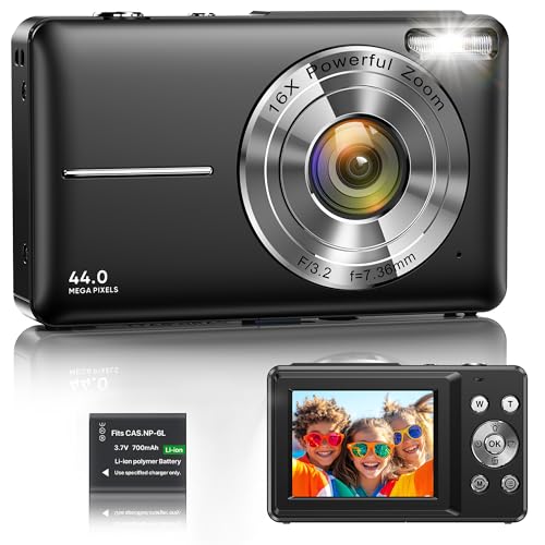 Digital Camera 1080P 44MP Vlogging Camera for Kids Teens, FHD Compact Portable Photo Camera with 2.4" Screen 16X Zoom, Anti-shake Mini Camera for Beginners Students Boys Girls-Black (No SD Card)