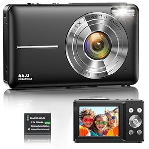 Digital Camera 1080P 44MP Vlogging Camera for Kids Teens, FHD Compact Portable Photo Camera with 2.4″ Screen 16X Zoom, Anti-shake Mini Camera for Beginners Students Boys Girls-Black (No SD Card)