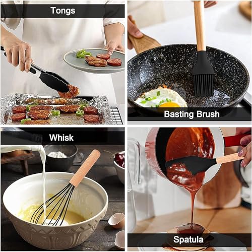 Image of Barebeauty 12 Pcs Silicone Kitchen Utensils Set with Holder Heat Resistant Silicone Spatula | Turner Set Wooden Spoons Kitchen Tools | Cooking Utensils for Nonstick Cookware (Black)