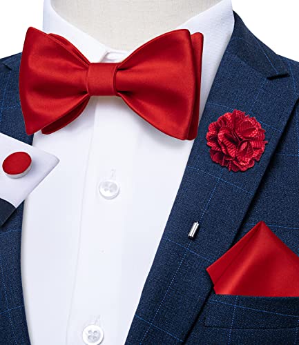 Image of DiBanGu Solid Color Bow Ties for Men Formal Satin Self Tied Bowtie with Lapel Pin Pocket Square Cufflinks for Wedding Party