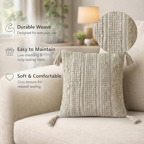 Image of SILK & YANA 16x16 Cotton Cushion Covers Set of 5 | Hand-Tufted Decorative Throw Pillow Covers with Boho, Geometric & Textured Designs | Tassel-Trimmed Covers for Sofa (Taupe-Cream)