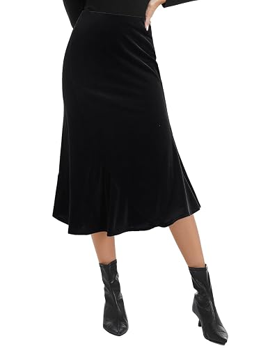 Women's Elegant Velvet Midi Skirt High Waist Asymmetric Flared Mermaid
