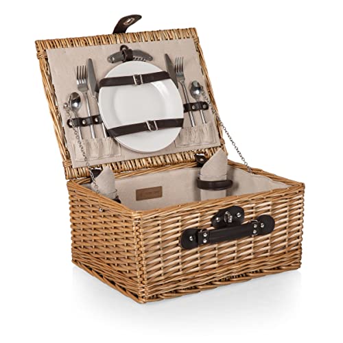 Image of PICNIC TIME Classic Picnic Basket for 2, Romantic English-Style Wooden Wicker Basket with Deluxe Service for 2, Fully-Lined Interior, Leatherette Lid-Locking Buckle, and Carry Handle, (Beige Canvas)