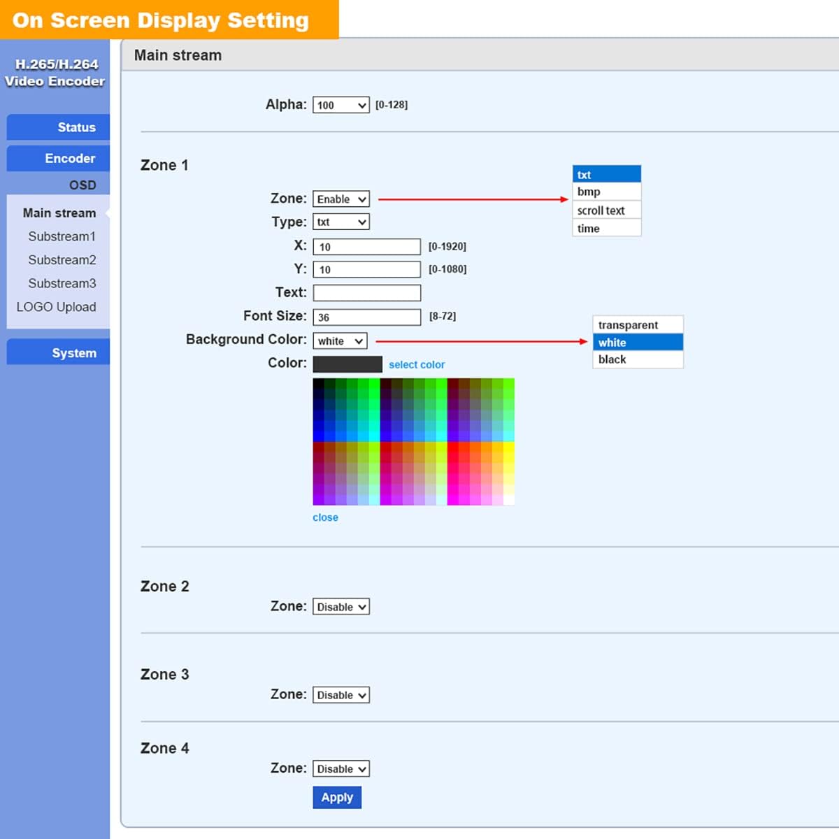 Screenshot of the encoder's web interface showing On Screen Display Setting. It allows configuration of four zones with options for Type (txt, bmp, scroll text, time), position (X, Y), Text, Font Size, Background Color, and Color.