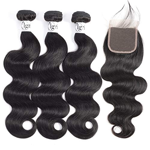 Igrina 8A Cheap Brazilian Body Wave 3 Bundles with Closure 100% Unprocessed Human Hair Bundles Weave With Free Part Lace Closure Brazilian Virgin Hair Body Wave Hair Extensions Deals(14 16 18 +12)
