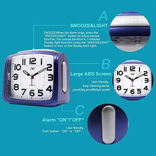 TXL Silent Alarm Clock Digital LED Large Display Battery Portable Analog Quiet Sweep Desk Clock with Night Light/Snooze/4 Ascending Alarms, Easy to Set Clock for Seniors/Bedroom/Kitchen/Office, Blue
