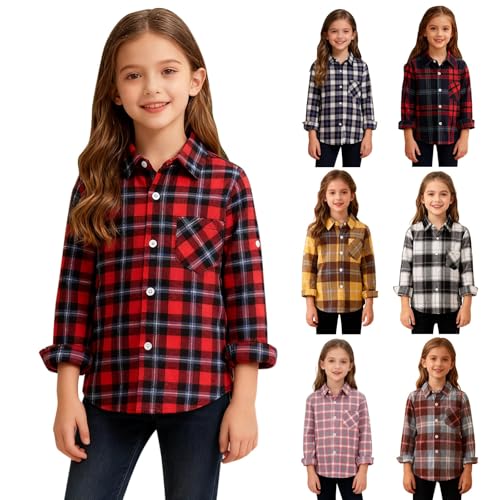 Chemise à carreaux Buffalo pour enfants, chemises en flanelle, vestes pour garçons et filles, col à revers boutonné, haut avec poche, printemps à manches...