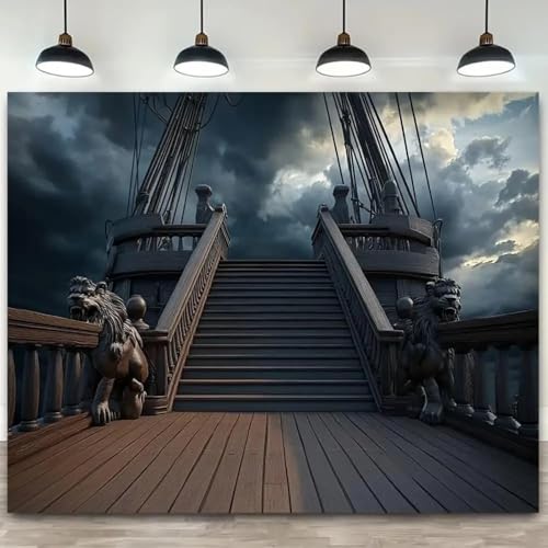 Fondo de fotografía de Cubierta de velero Retro Escalera de Cabina Detallada Escaleras de Cabina detalladas y decoración de Fiesta de Cielo tormentoso