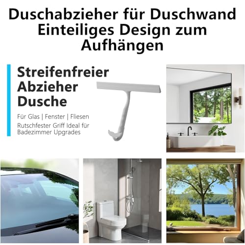 Duschabzieher | Einteiliger Silikon Abzieher Dusche mit integriertem Haken | 25 cm Saugstark & Kratzfrei für Duschwand Duschkabinen,Glas,Fliesen & Spiegel | Rutschfester Ergonomischer Griff | Grau