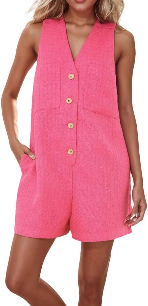 Kedera Women Summer Tweed Jackie Romper Button Down Sleeveless Romper Casual Short Romper Jumpsuit with Pocket
