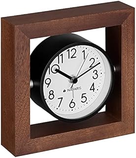 Navaris Analogue Wooden Clock - Square Wood Clock with Silent Movement for Desk, Tabletop, Countertop, Shelf - Mantel Clock - Dark Brown, White Face