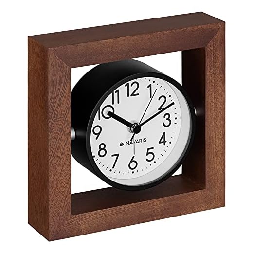 Navaris Reloj de Mesa analógico - Reloj clásico de Madera silencioso - Decorativo para sobremesa mesilla de Noche salón - Marrón Oscuro y Blanco