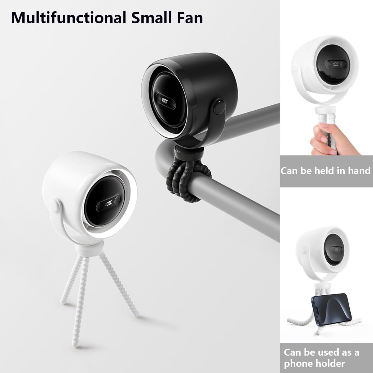 Petit Ventilateur de Poussette pour Bébé, Portable Ventilateur à Main/ de Bureau/ à Clip Silencieux Rechargeable USB pour Voiture Vélo Voyage BBQ, Rotation à 360°, 100 Vitesses, Veilleuse LED Black