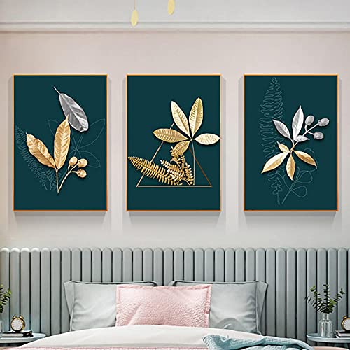 Art Wall Peinture Grand Format 80x120cm Triptyque Feuille Or et Vert pour Mur de Salon