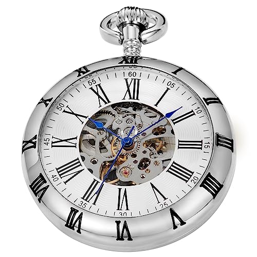Reloj de bolsillo mecánico steampunk para hombre con cadena FOB y números romanos dorados