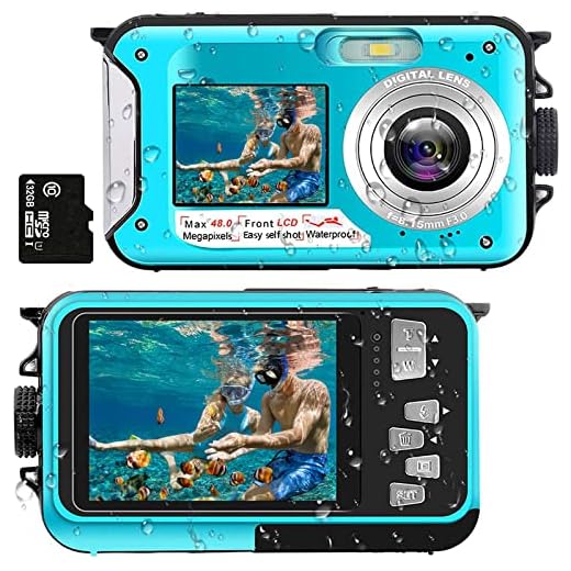 Unterwasserkamera Full HD 2.7K 48MP 10FT Kamera Wasserdicht Dual Screen 16X Digital Zoom Schnorcheln wasserdichte Digitalkamera für Selbstauslöser Unterwasser, Schwimmen, Urlaub