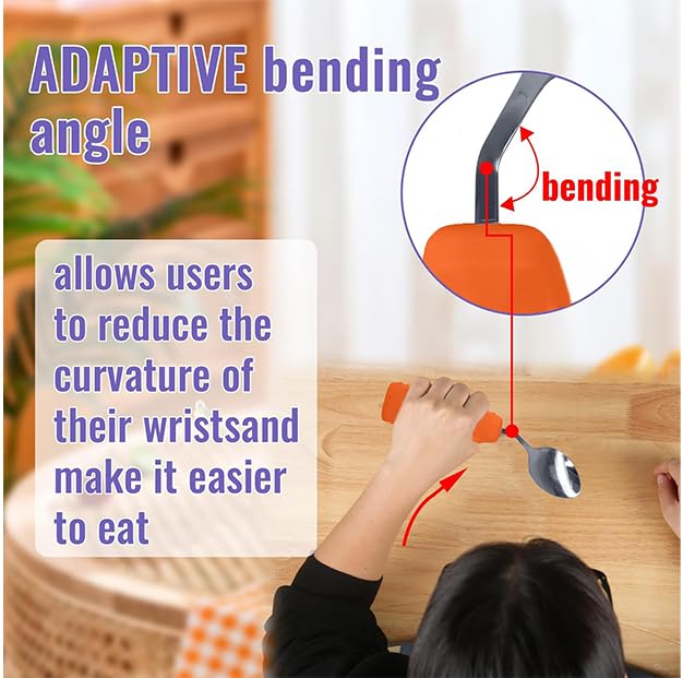 Image of Adaptive Utensils Angled Spoon and Fork for Hand Tremors Parkinsons,Weighted Utensils with Non-Slip Easy Grip Handles for Independent Eating (1pcs Spoon+1pcs Fork=2 pcs,Orange,Left Hand)