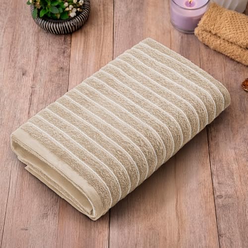 Image of Welspun 2-in-1 Towels for Bath Large Size | 100% Cotton Bath Towel | 250 GSM | High Absorbency & Quick Dry | Soft Feel | Bath Towel for Men & Women | 70 x 150 cm | Beige