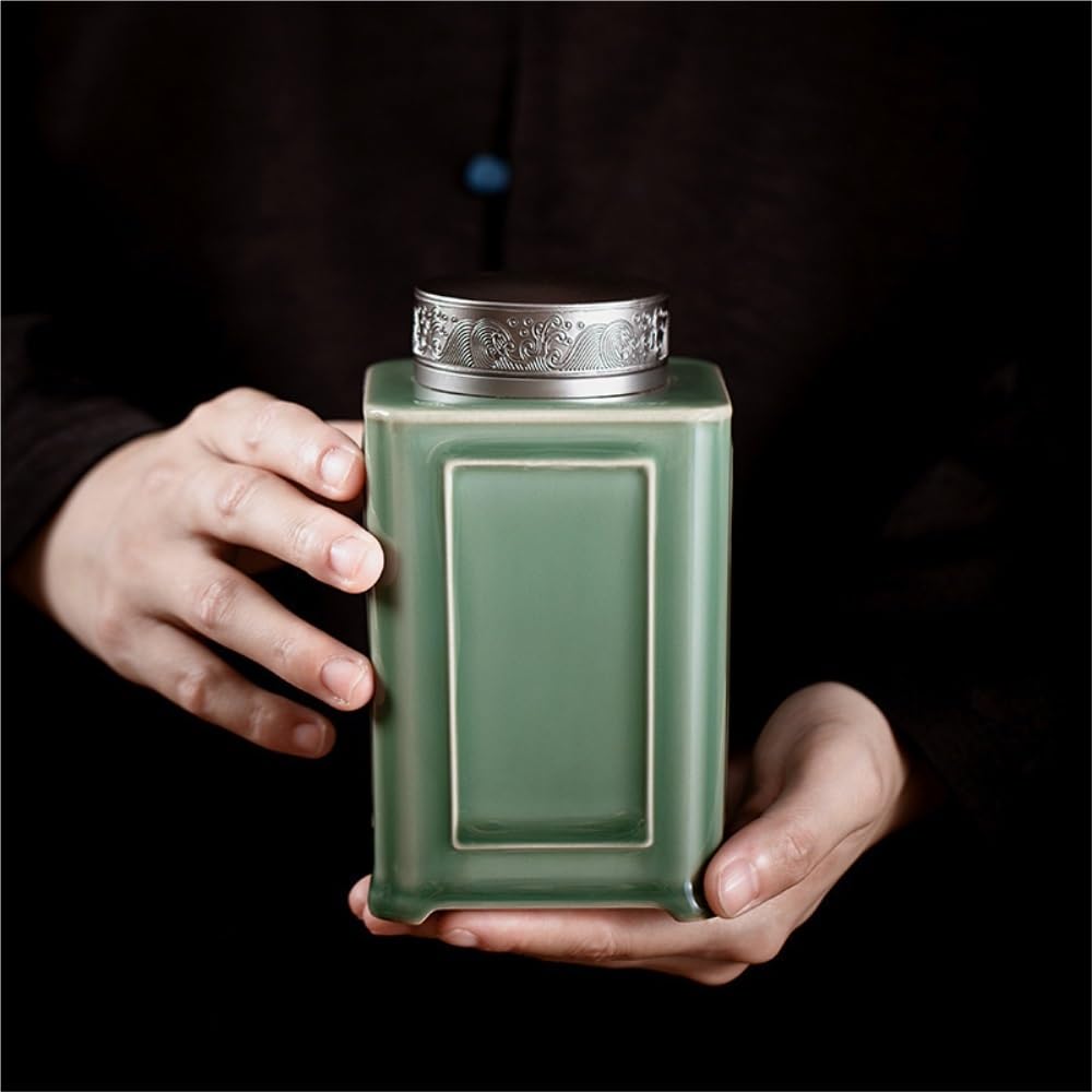 Słoik do przechowywania herbaty w kwadratowym, ceramicznym pojemniku z podwójną warstwą puszki i szczelnym zamknięciem, Celadon, do przechowywania herbaty w dużych ilościach (A)