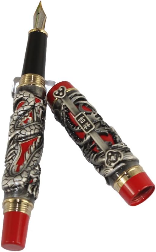 Gullor Noblest Dragon and Phoenix Fountain Pen with PU leather pen pouch and 5 colour ink cartridge - Antique Silver and red