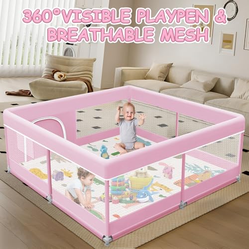 Image of XVISHX Baby Playpen with Mat, 50 x 50 Inch Playpen for Babies and Toddlers, Baby Playard for Indoor & Outdoor Active Center Game Fence, with Skin-Friendly Fabric and Soft Breathable Mesh, Pink