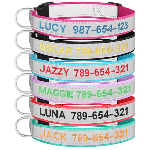 Collare Riflettente Personalizzato per Cani, Ricamato con Nome e Numero di Telefono, Regolabile, Adatto per Cane da Taglia Extra-Piccola Piccola Media Grande, Sicurezza Notturna
