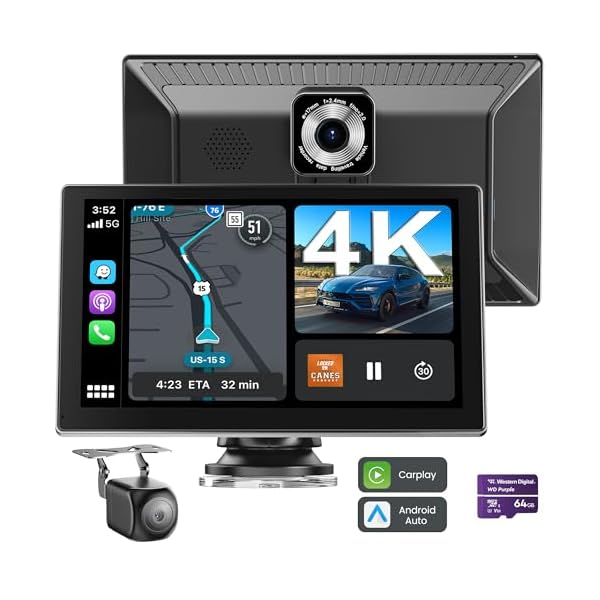Jzones Carplay Screen for Car, 9" Portable Wireless Carplay&Android Auto, 4K Dash Cam,1080P Backup Camera, Car Stereo Audio Receivers for Car, GPS Navigation Mirror Link, Bluetooth,FM, Siri