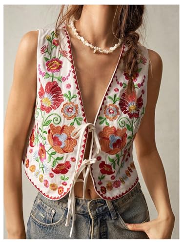 GORGLITTER Women's Tie Front Embroidered Floral Vest Tops Sleeveless Cardigan Boho Western Outfits3