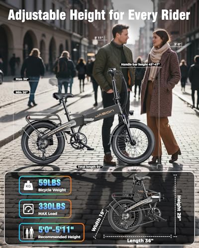 Jasion EBS Folding Electric Bike for Adults, Compact Portable 20" Fat Tire Ebike with 1200W Peak Motor, 48V Removable Battery, 25 MPH 50 Miles Aluminum Frame E-Bike Suitable for Trunk, RV, Apartment-B - Image 6