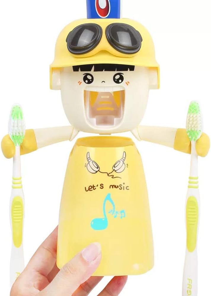 Rain House Kids Toothbrush Holders with Cup, Cute Hands Free Toothpaste Dispensers Children Automatic Cartoon Toothpaste Squeezer case, Wall-Mounted Bathroom Kit Easy to Clean (Yellow)