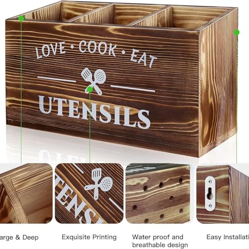 Large Utensil Holder – Wooden Caddy Organizer with 3 Compartments for Kitchen Counter – Utensil Caddy for Kitchen Countertop – Spatula & Cooking Tool Storage - Image 5