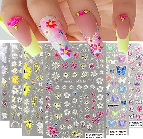 6Sheets Flowers Nail Art Stickers, Spring Summer 3D Self-Adhesive Butterfly Nail Decals, Daisy Heart DIY Nail Accessories Acrylic Nail Decoration for Women
