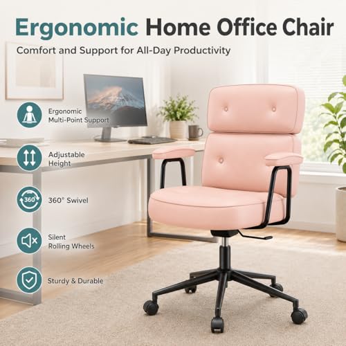 Image of Ergonomic Home Office Desk Chair, PU Leather Computer Chair with Lumbar Support, Adjustable Height, 360 Swivel Rolling Wheels, Executive Task Chair for Office, Gaming, Meeting Room, Pink
