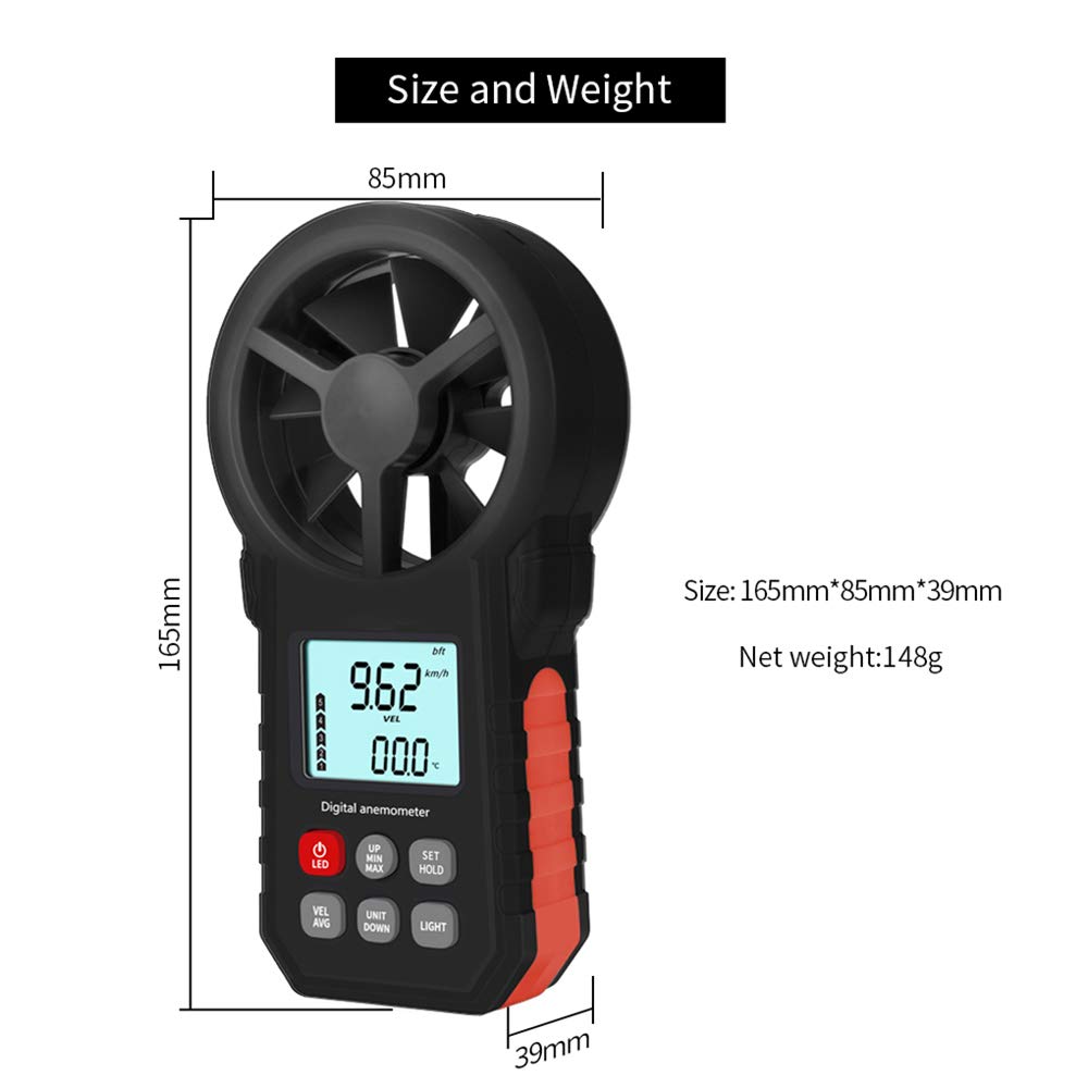 LCD Digital Anemometer Wind Speed Meter Wind Sensor/Air Velocity/Air Temperature Test Tool Wind Speed Gauges with Flashlight