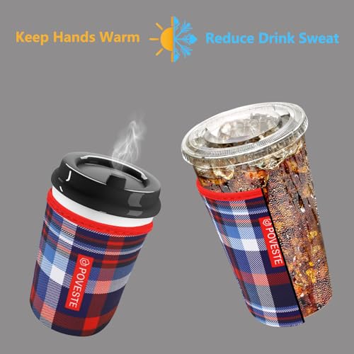 Image of Reusable Neoprene Insulator Sleeve for Iced Coffee & Cold Soda, Coffee Sleeves for Iced & Hot Drinks, Cold Beverage Cooler Compatible with Starbucks, Dunkin (Scottish Plaid, Small: 16-18oz)