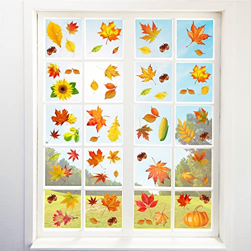132PCS Fall Leaves Window Clings - Thanksgiving Maple Decorations Autumn Sticker Decals Party Decor Ornaments