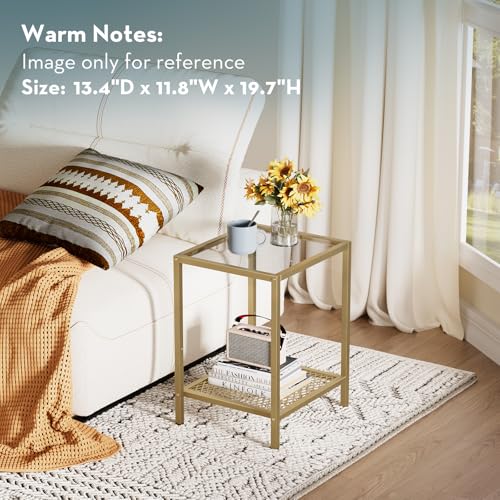 Image of SAYGOER Glass Side Table Small Gold End Table for Narrow Space 2-Tier Square Nightstand with Storage,13.3 inch x 11.8 inch x 19.7 inch,Modern Bed Side Table with Metal Frame for Bedroom Living Room, Easy Assembly