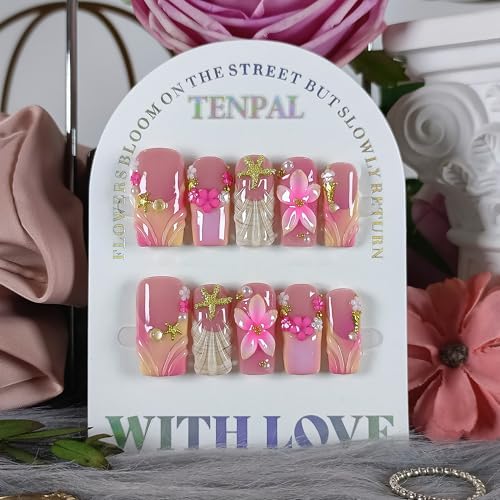 TENPAL Handmade Coffin Press on Nails Medium- Coral Peach Blushing
